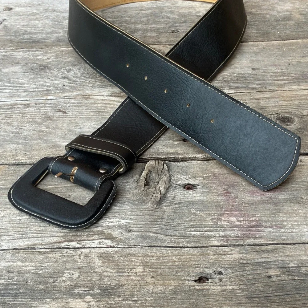 Vintage Wide Black Leather Waist Belt Covered Square Buckle Contrast Stitching